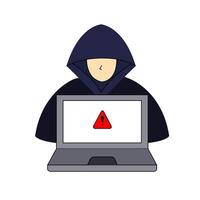 Hacker, Cyber criminal with laptop stealing user personal data. Hacker attack and web security. Internet phishing concept. Hacker in black hood with laptop trying to cyber attack vector