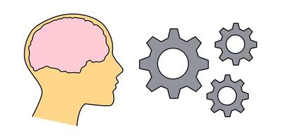 Black isolated outline icon of head of man and cogwheel on white background. Line icon of head and gear wheel. vector