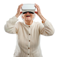 ai generato sorridente anziano nel virtuale la realtà occhiali, contento anziano bandiera modello png