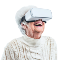 ai genererad leende äldre i virtuell verklighet glasögon, Lycklig senior baner mall png