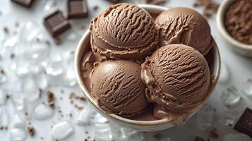 AI generated Delicious chocolate ice cream with ice cubes and choco chips, sweet dessert background. photo