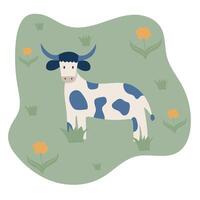 cute cow on a green spot with flowers vector