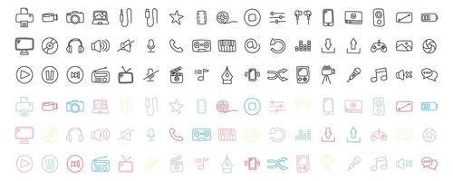 multimedia doodle icon bundle, music, video, paper, electronic vector