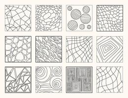 Geometric linear patterns backgrounds doodles set. Vector illustration. Isolated square outline patterns, abstract posters, texture.