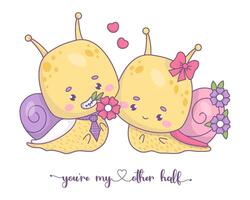 Funny Couple of snails in love. Valentines card. Cute lovers insect kawaii character. Vector illustration.