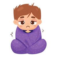 Suffering sick boy wrapped in blanket trembles. Vector illustration in cartoon style. Sad child character.