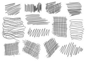 Hand drawn scribbles set. Black pencil curly lines, drawing squiggles, curvature strokes. Scrawl textured elements isolated on white background. vector illustration.