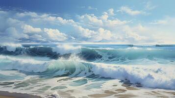 AI generated Beautiful blue ocean waves on clean sandy beach background. Summer vacation illustration concept. photo