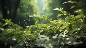 AI generated Raindrops on the green Leaves after the rain, in the forest looks wet and fresh. Topical forest background. photo