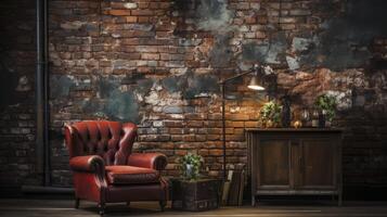 AI generated Industrial backdrop. Empty room with leather sofa and a brick wall behind it. photo