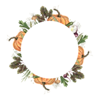 Watercolor wreath with pumpkin, onions, beets and dill. Hand drawn botanical illustrations on isolated background. Can be used in printing design, on cards, invitations. png