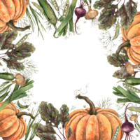 Watercolor frame made of vegetables pumpkin, onion, peas, beetroot, dill. Hand-drawn botanical illustrations on an isolated background. It can be used in printing design. png