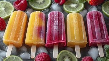 AI generated Fresh fruit popsicles on a white table. fruit popsicles, kiwi, strawberry, orange. Sweet desert background. photo