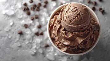 AI generated Delicious chocolate ice cream with ice cubes and choco chips, sweet dessert background. photo