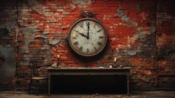 AI generated Industrial backdrop. Empty room with wooden table, classic clock and brick wall behind it. photo