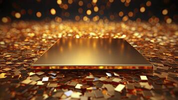 AI generated Glossy golden square podium among thousands of falling golden confetti. photo