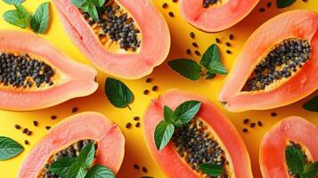 AI generated slices of papaya, a creative layout to highlight the fruit's freshness and deliciousness, direct top view. photo