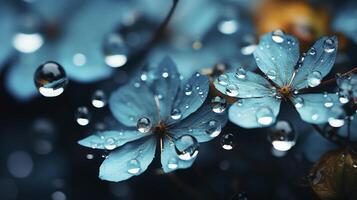 AI generated Raindrops on the blue flower after the rain, in the forest looks wet and fresh. photo