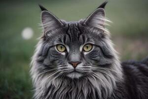 AI generated Maine coon grey cat outside close up facing with face background wallpaper photo