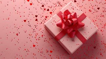 ai generado sorpresa fiesta regalo caja con rojo cinta en un festivo fondo, Perfecto para Navidad, San Valentín día, cumpleaños, aniversarios, y otro jubiloso celebraciones foto