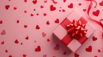 ai generado sorpresa fiesta regalo caja con rojo cinta en un festivo fondo, Perfecto para Navidad, San Valentín día, cumpleaños, aniversarios, y otro jubiloso celebraciones foto