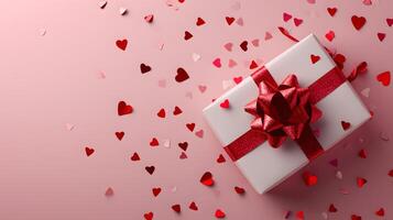 ai generado sorpresa fiesta regalo caja con rojo cinta en un festivo fondo, Perfecto para Navidad, San Valentín día, cumpleaños, aniversarios, y otro jubiloso celebraciones foto