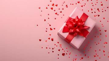 ai generado sorpresa fiesta regalo caja con rojo cinta en un festivo fondo, Perfecto para Navidad, San Valentín día, cumpleaños, aniversarios, y otro jubiloso celebraciones foto