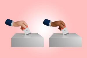 3D render of hand icon holding voting papers for general elections or Pemilu for the president and government of Indonesia. The vote paper goes into the ballot box photo