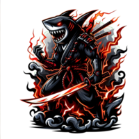 AI generated shark with sword and fire on his back, transparent background png