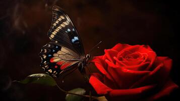 AI generated Red rose and butterfly on dark background. Copy space for text. Generative AI photo