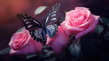 AI generated Butterfly on pink rose flower in the garden. Floral background. Generative AI photo