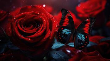 ai generado hermosa rojo rosas con agua gotas y mariposa, San Valentín día antecedentes. generativo ai foto