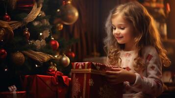 ai generado contento emoción niña abre Navidad regalos cerca el árbol foto