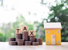 Miniature house, Wooden blocks with the word TAX on stack of coins. The concept of payment tax for house, Property investment, House mortgage, Real estate. photo