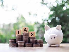 Piggy bank and Wooden blocks with the word TAX on stack of coins. The concept of saving money for payment tax in future photo