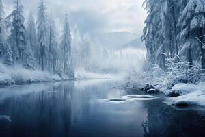 AI generated Serene winter landscape with tree and foggy fields. AI Generated photo
