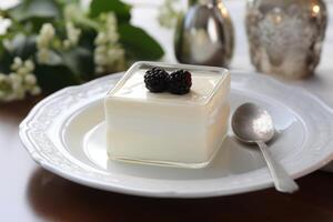 AI generated pudding with blackberries. ai generated photo