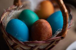 Close-up of multi coloured Easter eggs in wicker basket photo