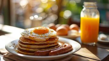 AI generated Sunny side up eggs on pancake breakfast. Generative AI. photo