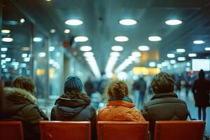 ai generado viajeros sentado en terminal esperando para partida. generativo ai. foto