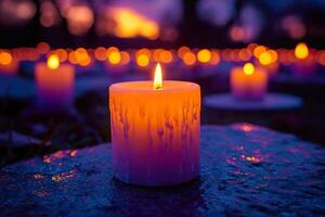 AI generated Candlelight with flame and purple glow in a background at dusk. Purple day concept. Generative AI. photo