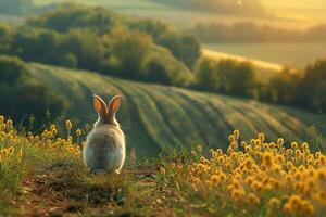 AI generated Rabbit gazing over blossoming field at sunrise. Generative AI. photo