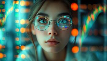 AI generated Close-up businesswoman wearing eyeglasses looking at display screen. Generative AI. photo