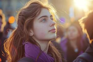 AI generated Young woman wearing purple attire in the warm glow of setting sun. Generative AI. photo