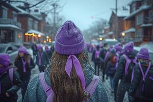 AI generated March of purple wearing participants celebrating purple day. Generative AI. photo