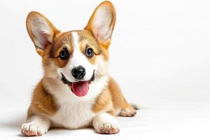 ai generado un linda pembroke galés bronceado y blanco corgi perro acostado en blanco antecedentes. generativo ai. foto