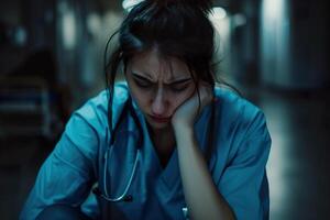 AI generated A distressed young female doctor experiencing an emotional stress. Generative AI. photo