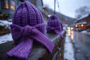 AI generated Purple knitted hats on snowy evening. Purple day. Generative AI. photo