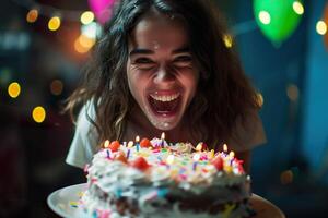 ai generado eufórico joven mujer con un cumpleaños pastel. generativo ai. foto