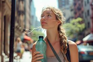 AI generated A young woman carrying backpack and holding plastic water bottle  Generative AI. photo